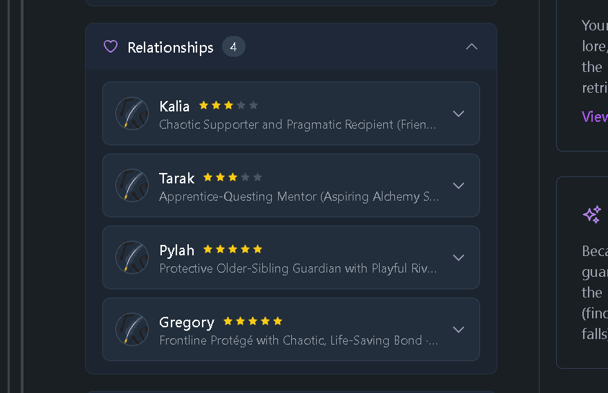 Relationship map in Tavern Scribe showing connections between party members and NPCs