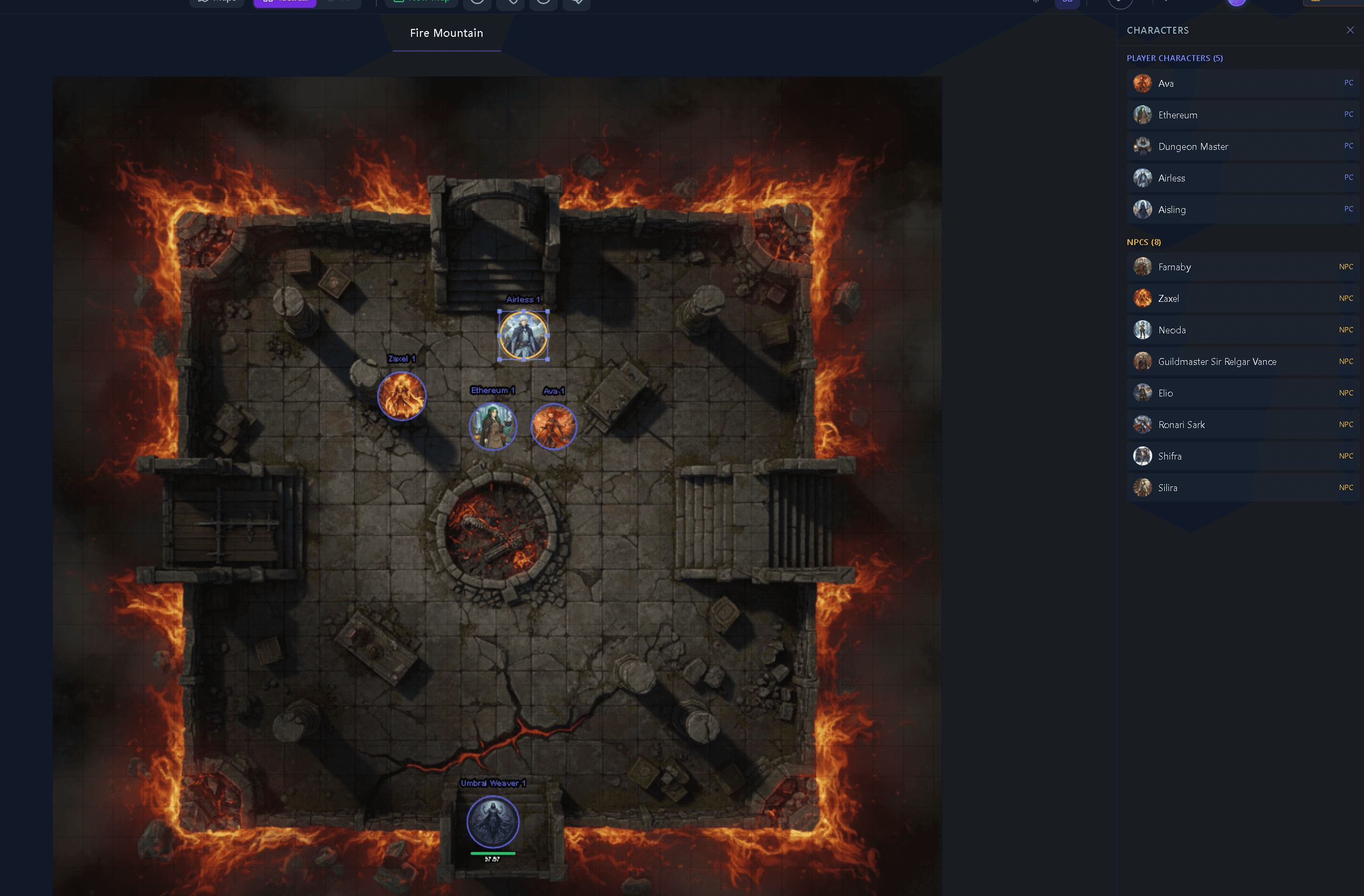 Tavern Scribe's virtual tabletop with character tokens on a dungeon map