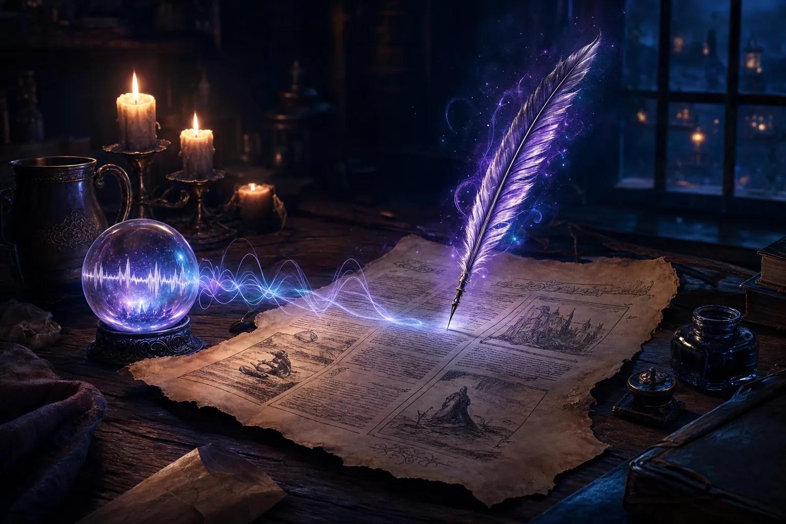 A magical quill writing a newspaper from a glowing session recording