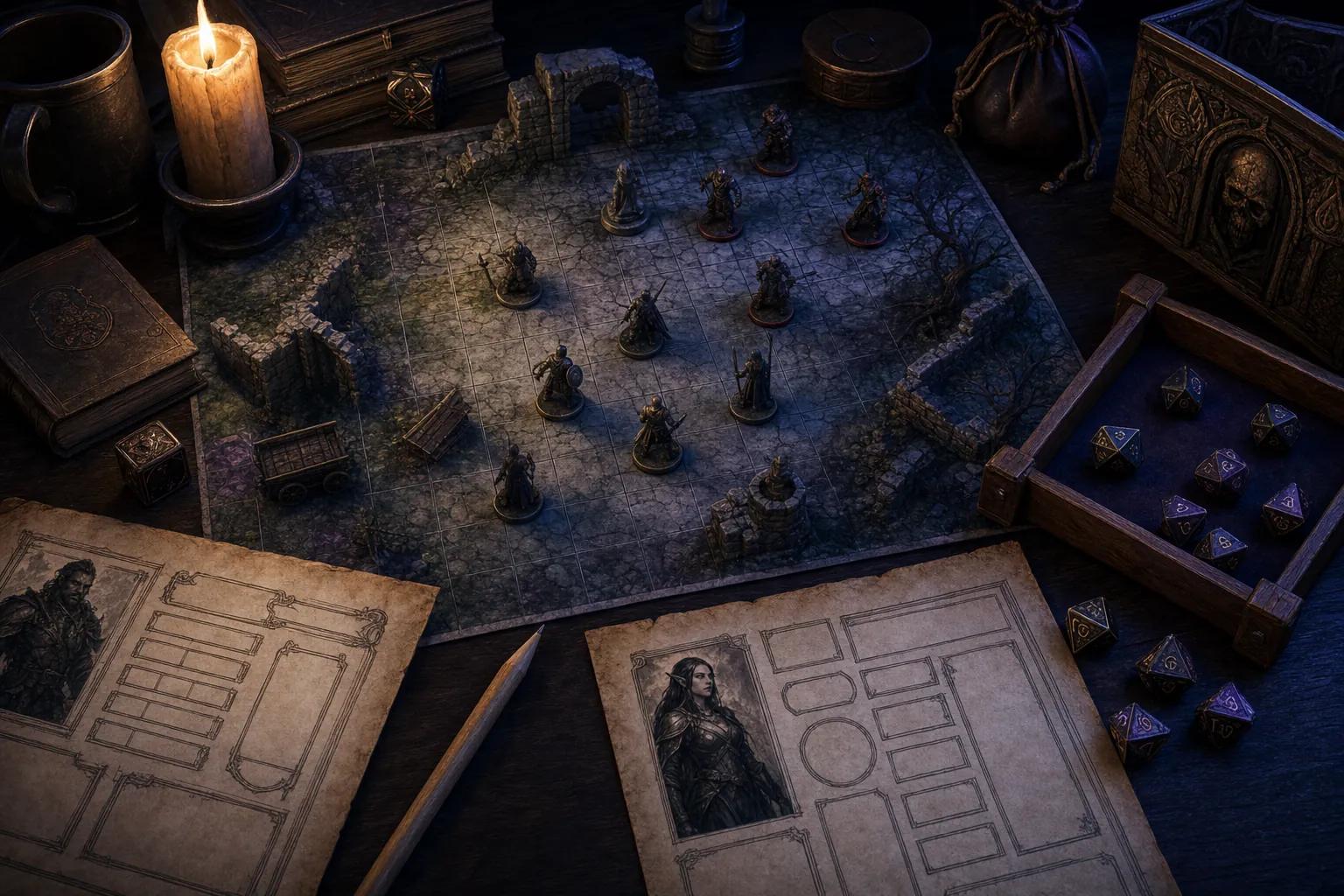 A battle map with tokens and character sheets arranged on a dark wooden table