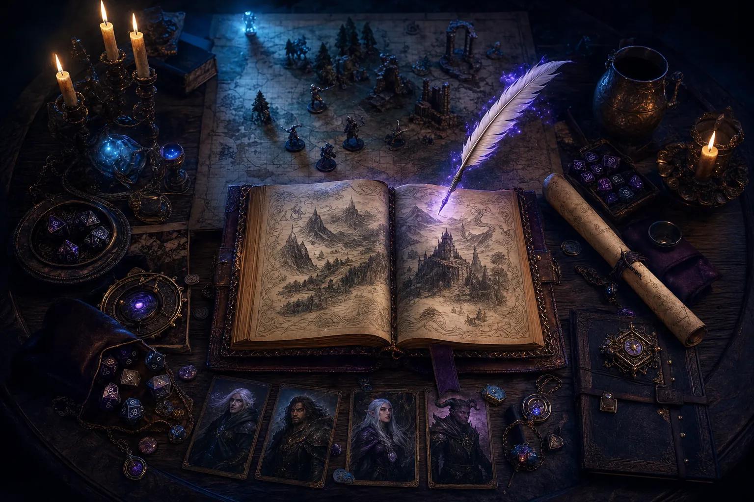 A glowing tavern table covered with maps, dice, and an open campaign chronicle