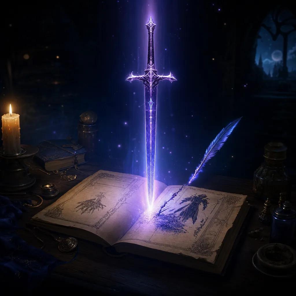 An enchanted sword descending onto an open character sheet