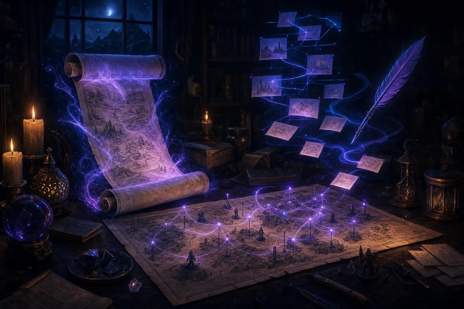 A session plan assembling itself above a dungeon master's desk