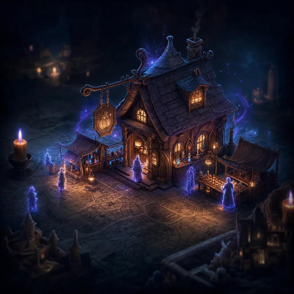A glowing merchant shop appearing on a fantasy town map