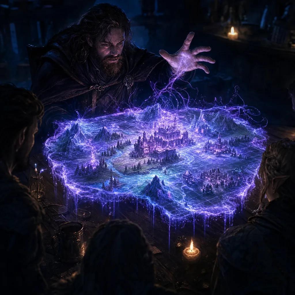 A dungeon master conjuring a glowing battle map above the table