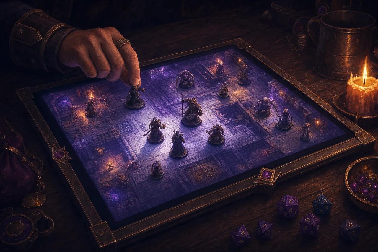 Illustration of a screen lying flat in the game table showing a glowing dungeon map, with a hand moving one of the miniatures standing on the glass