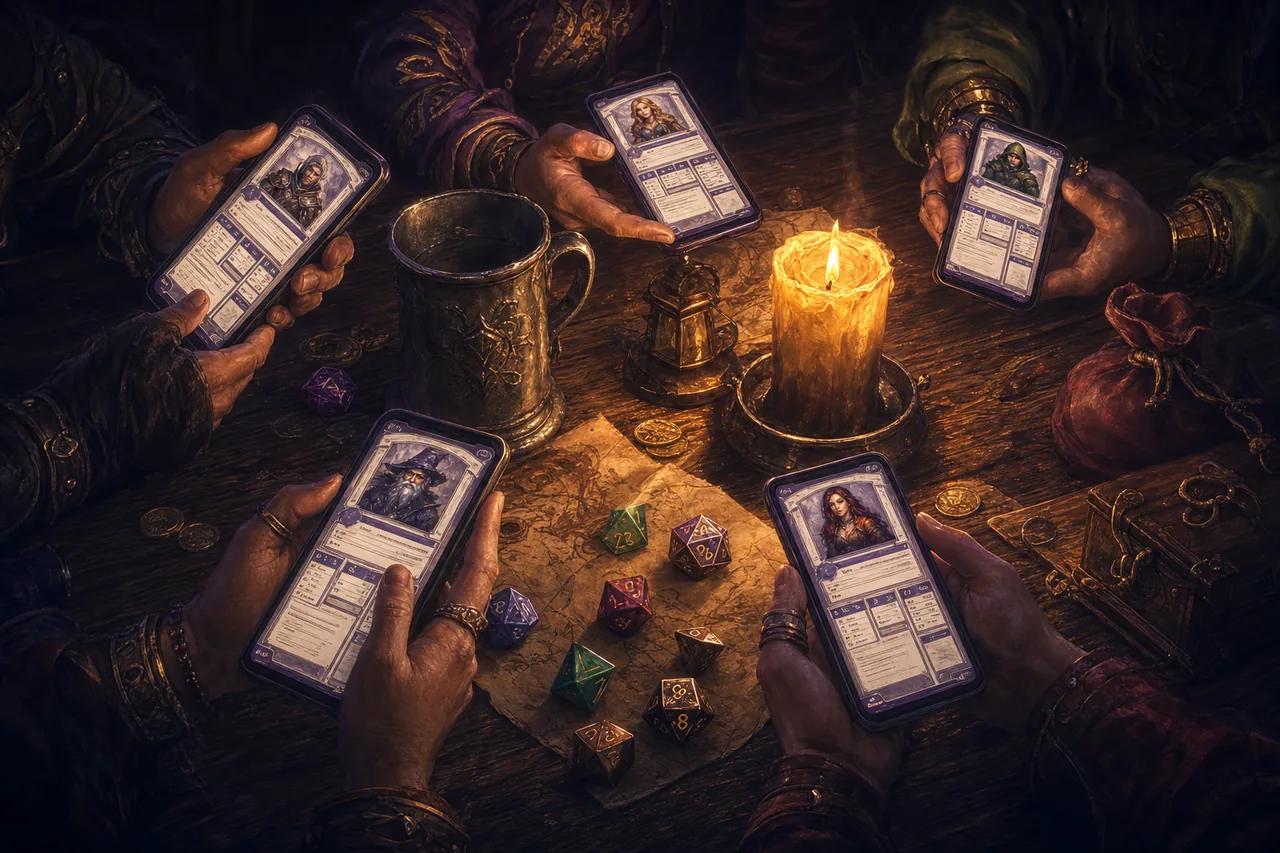 Illustration of five hands around a candlelit table, each holding a phone showing a character sheet with a portrait and stat panels