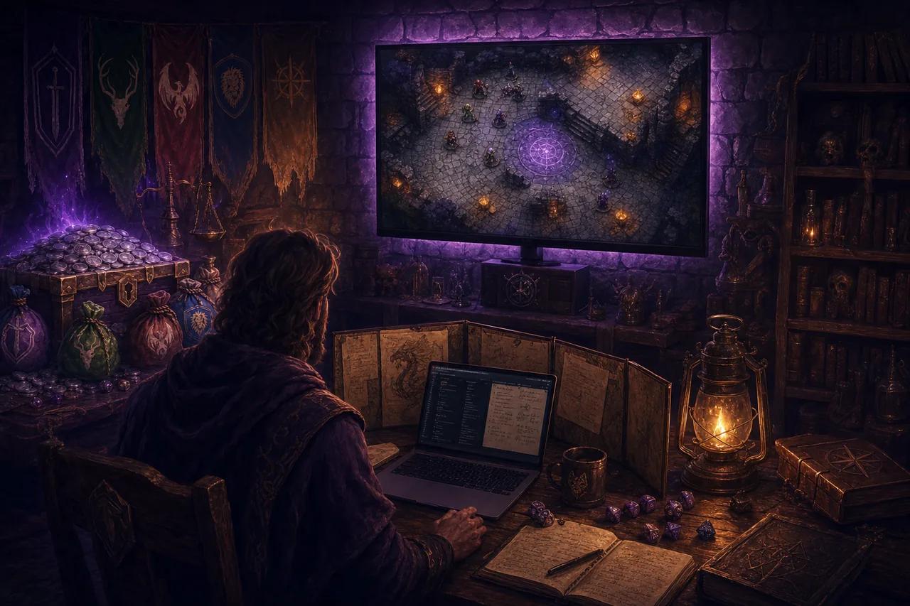 Illustration of a DM working on a laptop behind a folded DM screen while a wall-mounted TV above shows a top-down dungeon battle map