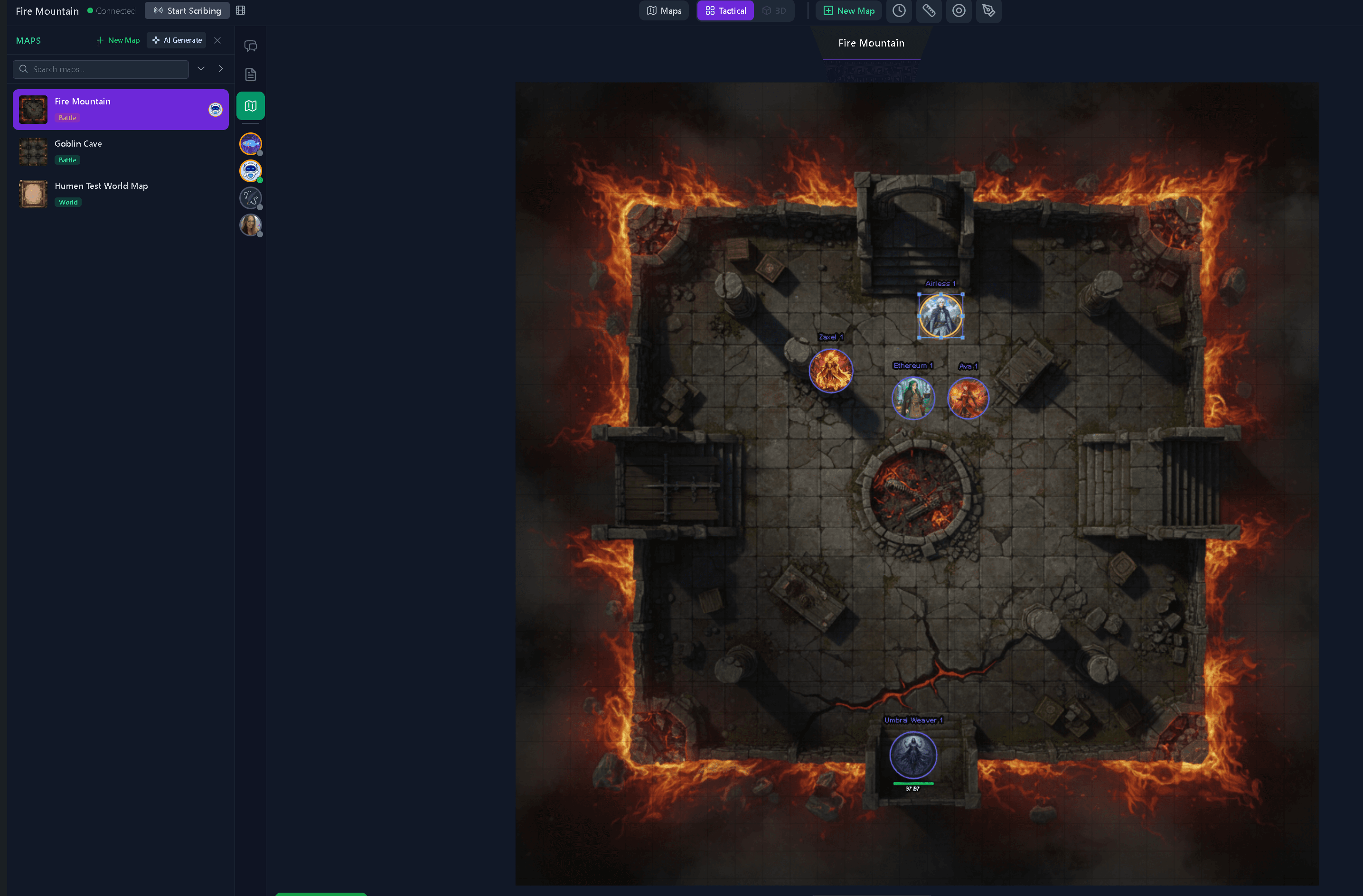 A live battle map with character tokens on the Tavern Scribe virtual tabletop, where sessions can be recorded during play