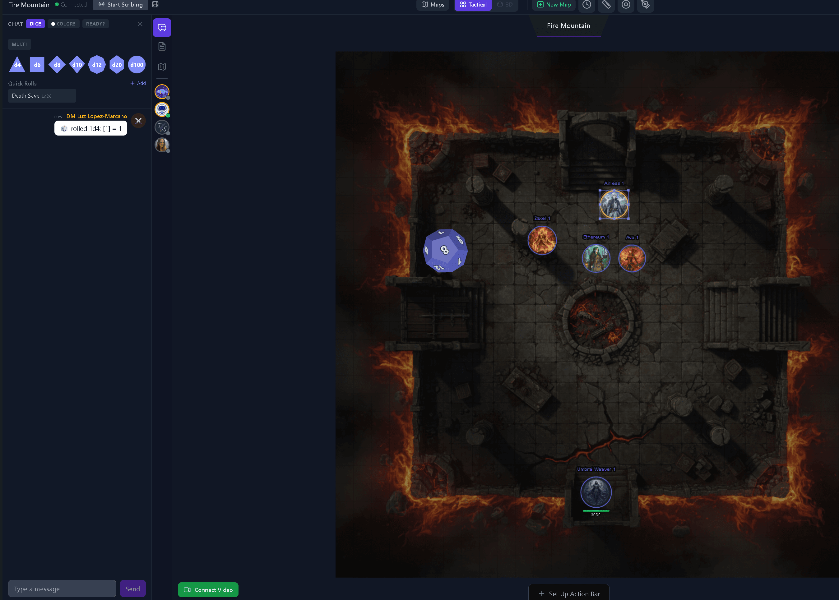 A natural 20 dice result shared in Tavern Scribe party chat