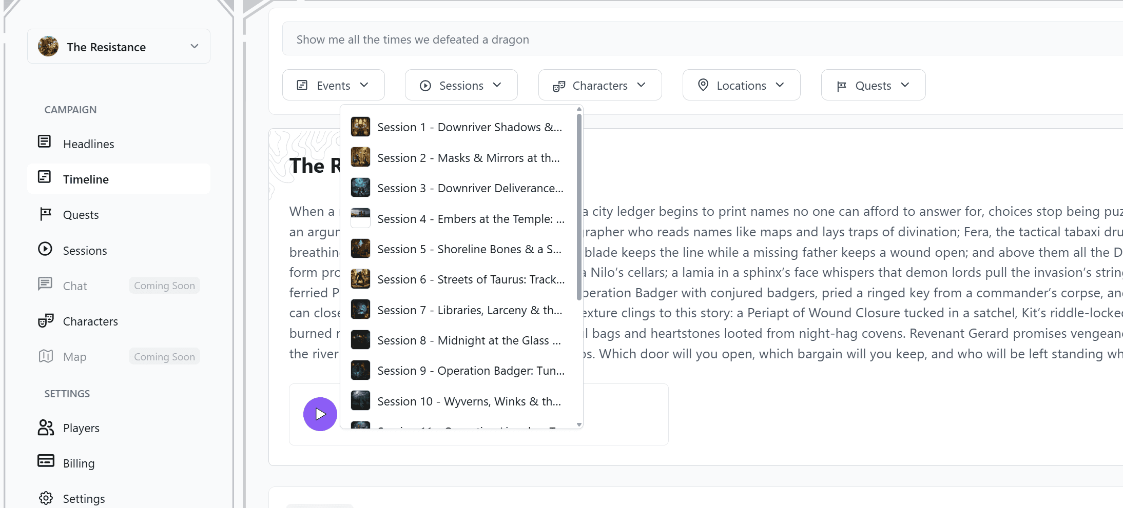 Player-facing search and campaign memory tools inside Tavern Scribe