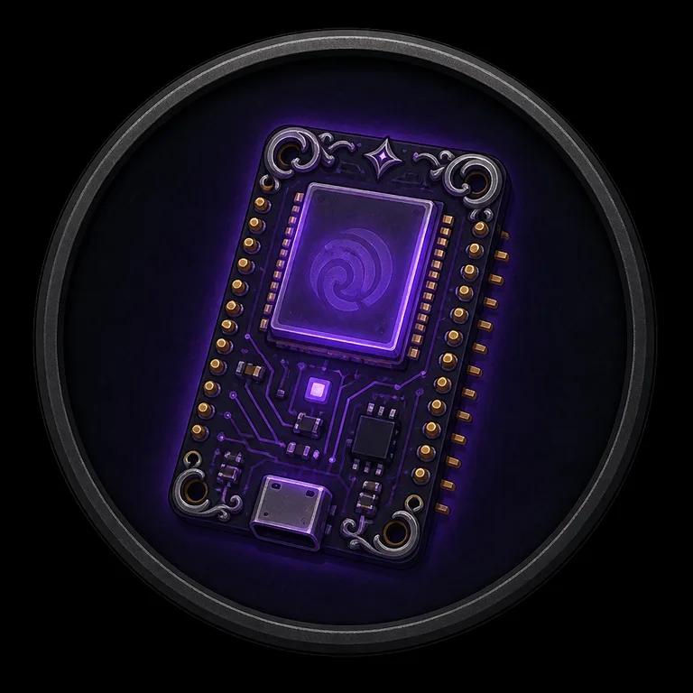 An ESP32 board imagined as an enchanted tabletop artifact with violet glowing traces