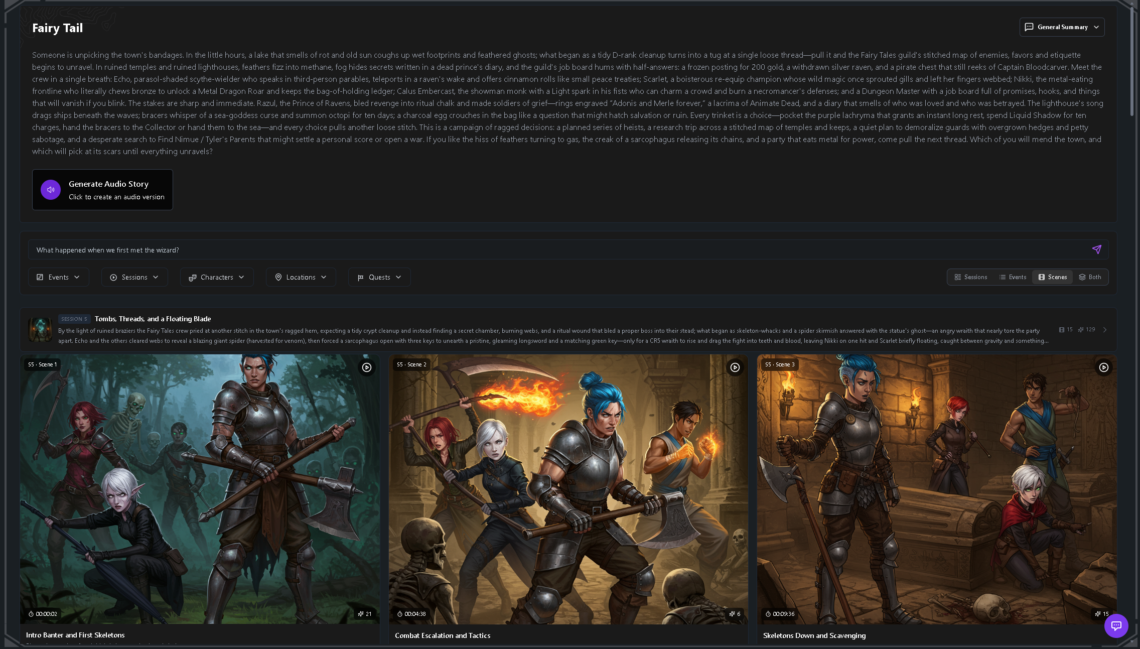 An AI-generated event timeline built from a D&D session recording, with each event linked to its timestamp